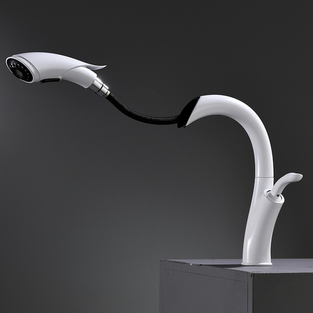 Yeelim White Pull Out Bathroom Sink Faucet With Sprayer