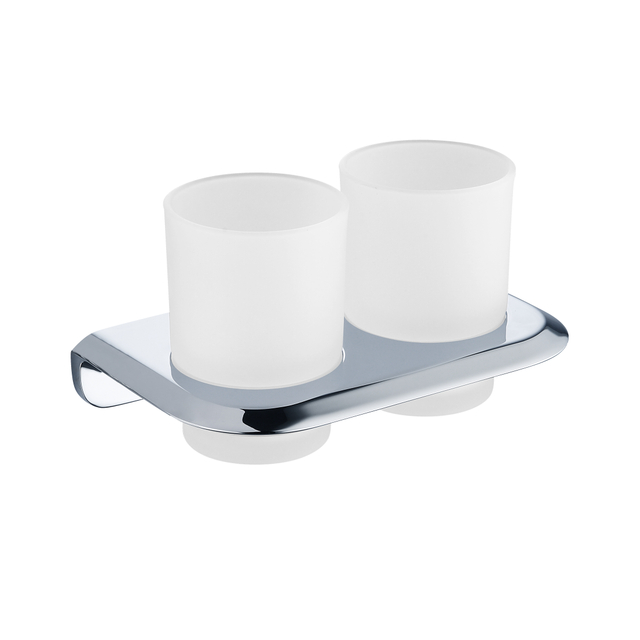 Modern Brass & Glass Chrome Double Toothbrush Tumbler Holder 