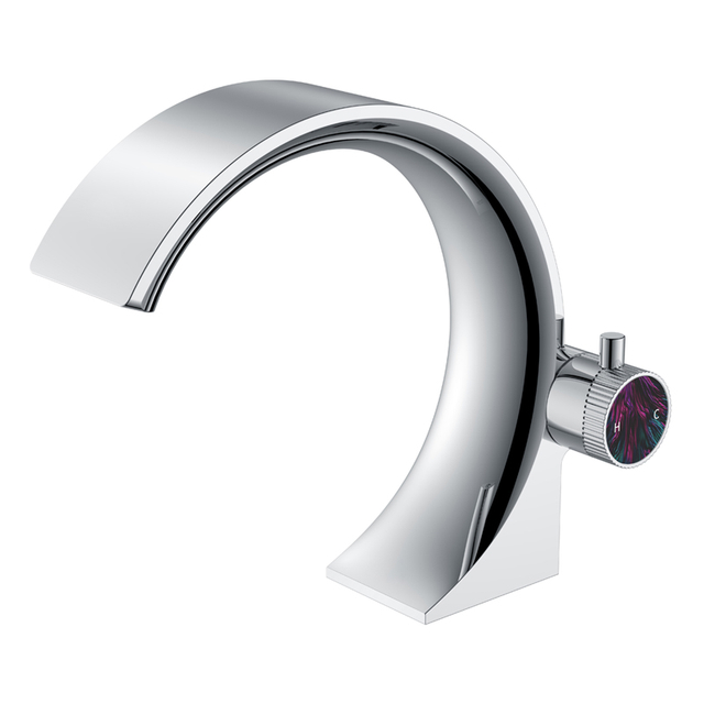 Single Knob Temperature Control Bathroom Basin Seated Chrome Crescent Design Brass Faucet