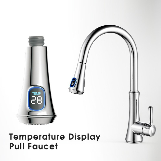 Single Handle Pull-Down Kitchen Faucet With Sprayer Function - Digital Temperature Display